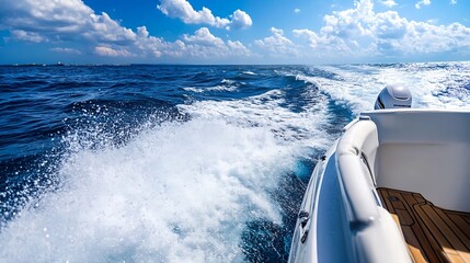 Poster - Stunning boat wake on a beautiful ocean blue sky with clouds in the background : Generative AI