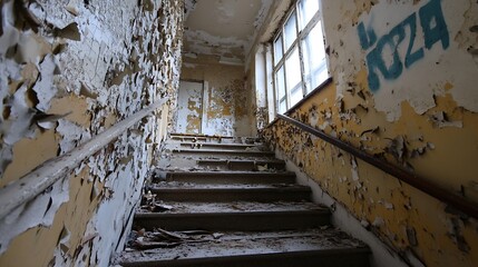 Aufkleber - Inside of an old building showing peeling walls and a staircase leading to uncertainty : Generative AI