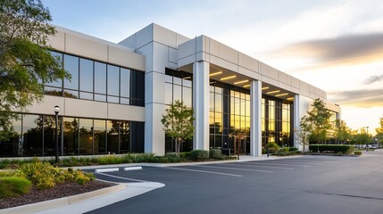 Wall Mural - Modern Commercial Building with Sunset Reflected Windows and Parking Lot : Generative AI