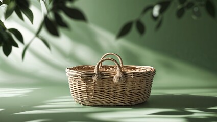 Poster - Woven basket placed on a green surface with soft shadows from nearby leaves