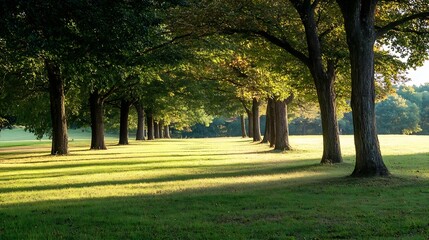 Poster - Serene Park with Rows of Trees Casting Long Shadows on a Green Lawn : Generative AI