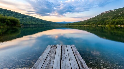 Canvas Print - Stunning Natural Scenic Lake and Dock Under Vibrant Sky at Dusk : Generative AI