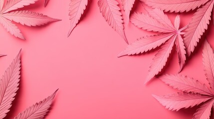 Poster - Pink leaves arranged on a pink background creating a visually appealing nature themed composition