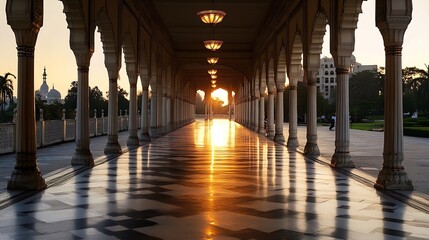 Poster - Beautiful Indoors Courtyard with Columned Architecture and Setting Sun Creating an Elegant Scene : Generative AI