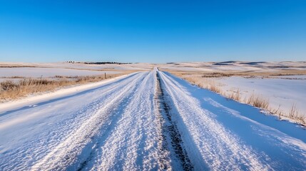 Aufkleber - Snowy Winter Road Under a Clear Blue Sky Inviting Adventure and Serenity : Generative AI