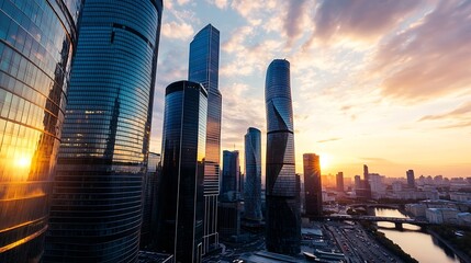 Aufkleber - Stunning Sunset Over Skyscrapers and Cityscape Reflected on Glass Buildings in Modern Metropolis : Generative AI