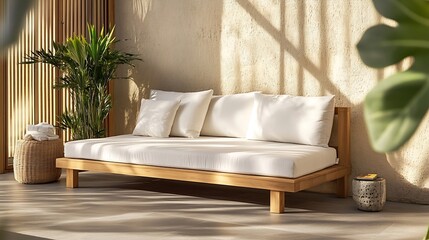 Poster - Beautiful Modern Living Room with a Soft White Sofa Surrounded by Green Plants and Natural Sunlight : Generative AI