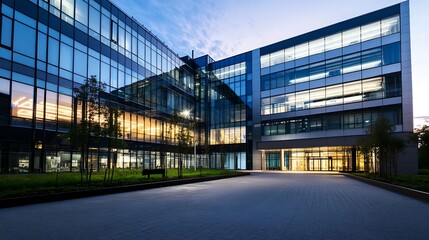 Wall Mural - Modern Architectural Design of Office Building Reflecting Sunset Sky : Generative AI