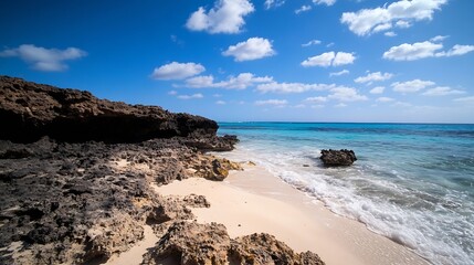 Poster - Tranquil Beach Scene with Clear Blue Sky and Gentle Waves on a Serene Shoreline : Generative AI
