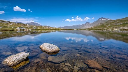 Poster - Serene Lake Reflection Surrounded by Majestic Mountains and Blue Sky : Generative AI