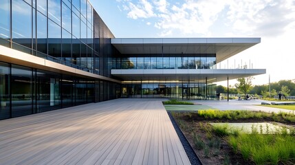 Aufkleber - Modern architectural building design showcasing sleek lines and glass structures in a landscaped environment : Generative AI