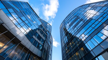 Aufkleber - Dynamic view of unique modern architecture featuring curved glass buildings against a blue sky : Generative AI