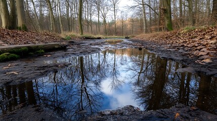 Poster - Clear Reflection of Trees in a Calm Pool of Water Surrounded by Autumn Vibes : Generative AI