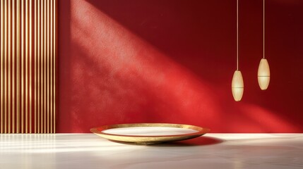Poster - radiant red showcase: a sleek golden plate and modern pendant lights against a bold red wall, enhanc
