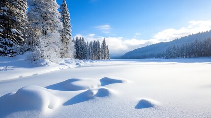 Poster - Serene Winter Landscape with Snow-Covered Trees and Quiet Frozen Lake Under Bright Blue Sky : Generative AI