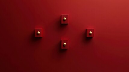 Poster - red minimalism: abstract composition with four red cubes with golden knobs against a rich red backdr
