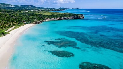 Canvas Print - Stunning aerial view of a tropical beach with crystal clear waters and lush greenery ideal for travel dreams : Generative AI