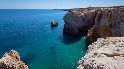 Poster - Breathtaking Coastal View of Cliffside Rocks and Tranquil Blue Waters in the Mediterranean : Generative AI