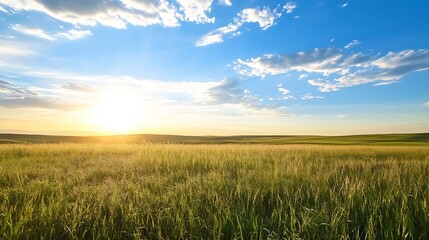 Poster - Golden Wheat Field Under Clear Blue Sky During Sunset Hour : Generative AI