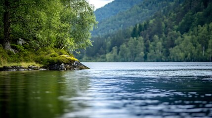 Poster - Tranquil lake surrounded by lush greenery and mountains reflecting in still waters : Generative AI