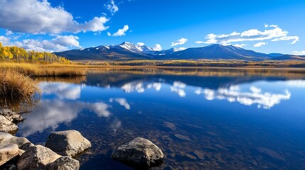 Poster - Stunning Mountain Reflection in Serene Lake Surrounded by Autumn Colors and Clear Blue Sky : Generative AI