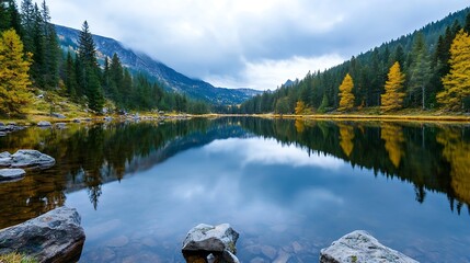 Poster - Stunning Lake Reflection with Rocky Shoreline and Lush Forest Surroundings : Generative AI