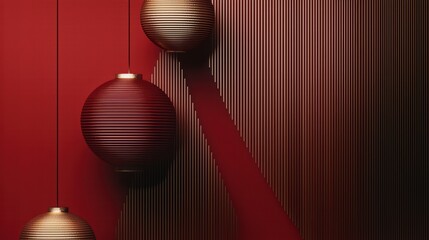 Poster - abstract spherical ornament on red backdrop: artistic shot of elegant, metallic spheres suspended in