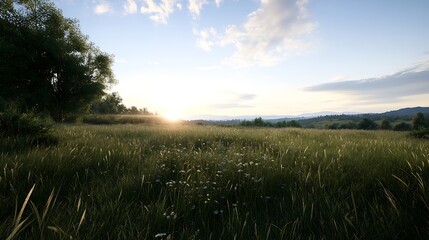 Poster - Golden sunset over tranquil meadow with wildflowers and lush grass : Generative AI