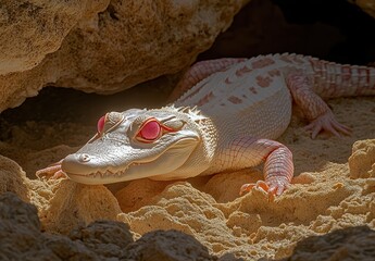 Poster - Albino crocodile resting in sunlit cave, showcasing unique skin texture and vibrant pink eyes, creating an exotic wildlife scene of natural beauty.