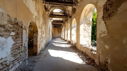 Aufkleber - Abandoned Old Building Interior with Light Streaming Through Arches : Generative AI