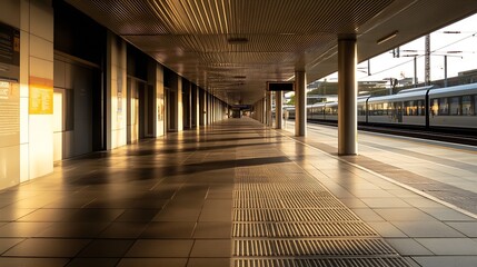 Aufkleber - Modern Train Station Interior with Bright Sunlight Streaming Through Windows : Generative AI