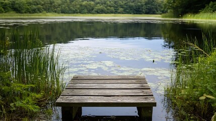 Aufkleber - Tranquil Wooden Dock by Calm Lake Surrounded by Lush Greenery : Generative AI