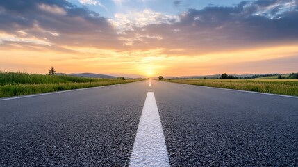 Aufkleber - Open road leading to the horizon during sunset with a colorful sky : Generative AI