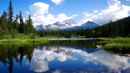 Poster - Breathtaking landscape of serene lake surrounded by lush greenery and towering mountains : Generative AI