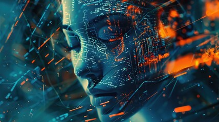 Poster - Abstract digital faces with glowing blue and orange lines facing each other. Digital artwork of face with glowing line. Technology innovation and artificial intelligence concept for design. AIG53.