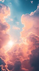Poster - Soft clouds fill the sky in vibrant hues of pink and orange as the warm sunlight breaks through, casting a magical glow over the horizon at dusk, enchanting all who gaze upon it