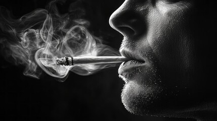 Poster - In a serene moment of reflection, a man draws smoke from a cigarette, the wisps curling artistically in the air. Shadows dance softly across his face, enhancing the ambiance of contemplation