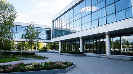 Poster - Modern office building with large glass windows surrounded by landscaped gardens and open spaces : Generative AI