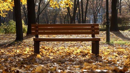 Poster - Autumn Scene with Wooden Bench Surrounded by Colorful Fallen Leaves : Generative AI