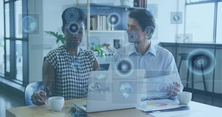 Poster - In office, business professionals interacting with animation on digital interface