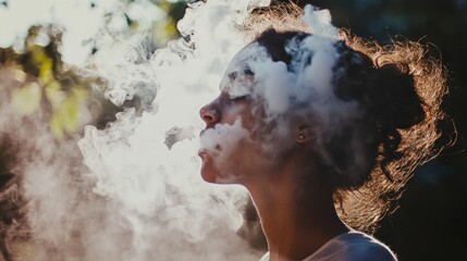 Fototapete - A young woman stands peacefully, enveloped by a cloud of soft smoke, her face illuminated by warm sunlight filtering through trees. Nature’s beauty frames her tranquil expression