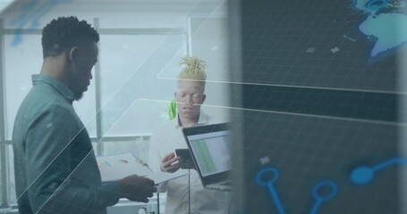 Poster - Discussing data with digital graphs animation overlay, business team in modern office