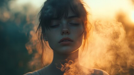 Poster - A young woman stands peacefully amidst a gentle swirl of smoke, her eyes closed as warm sunset hues illuminate her face, invoking a sense of tranquility and connection with nature