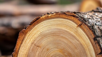 Poster - Detailed Closeup of Freshly Cut Wood Log Showing Natural Grain Patterns and Textures in Sunlight : Generative AI