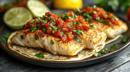 Delicious grilled fish tacos with fresh salsa and lime on a rustic plate. Generative AI