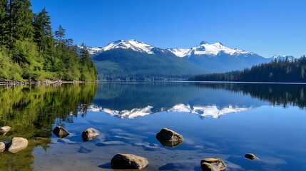 Poster - Scenic view of tranquil lake surrounded by lush trees and majestic mountains under clear blue sky : Generative AI