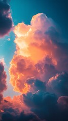 Poster - As evening approaches, the sky transforms into a canvas of vibrant oranges and deep blues. Fluffy clouds dance together, casting a serene glow across the horizon, inviting tranquility and reflection