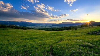 Poster - Stunning Landscape with Lush Green Grass Under a Bright Sunset in the Mountains : Generative AI