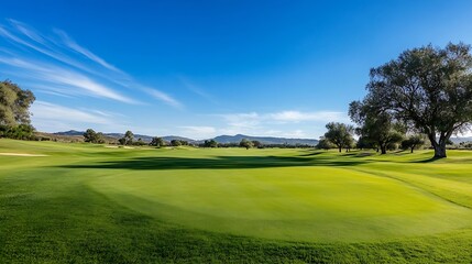 Wall Mural - Beautiful wide view of a sunny golf course surrounded by green grass and trees under a blue sky : Generative AI