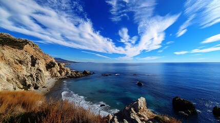 Poster - Stunning Coastal Landscape with Clear Blue Sky and Serene Water : Generative AI
